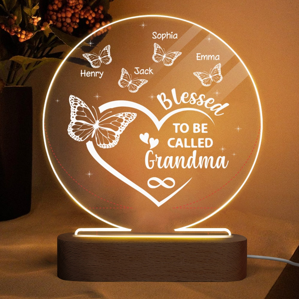 Heart Butterflies Grandma Personalized Circle Plaque LED Night Light