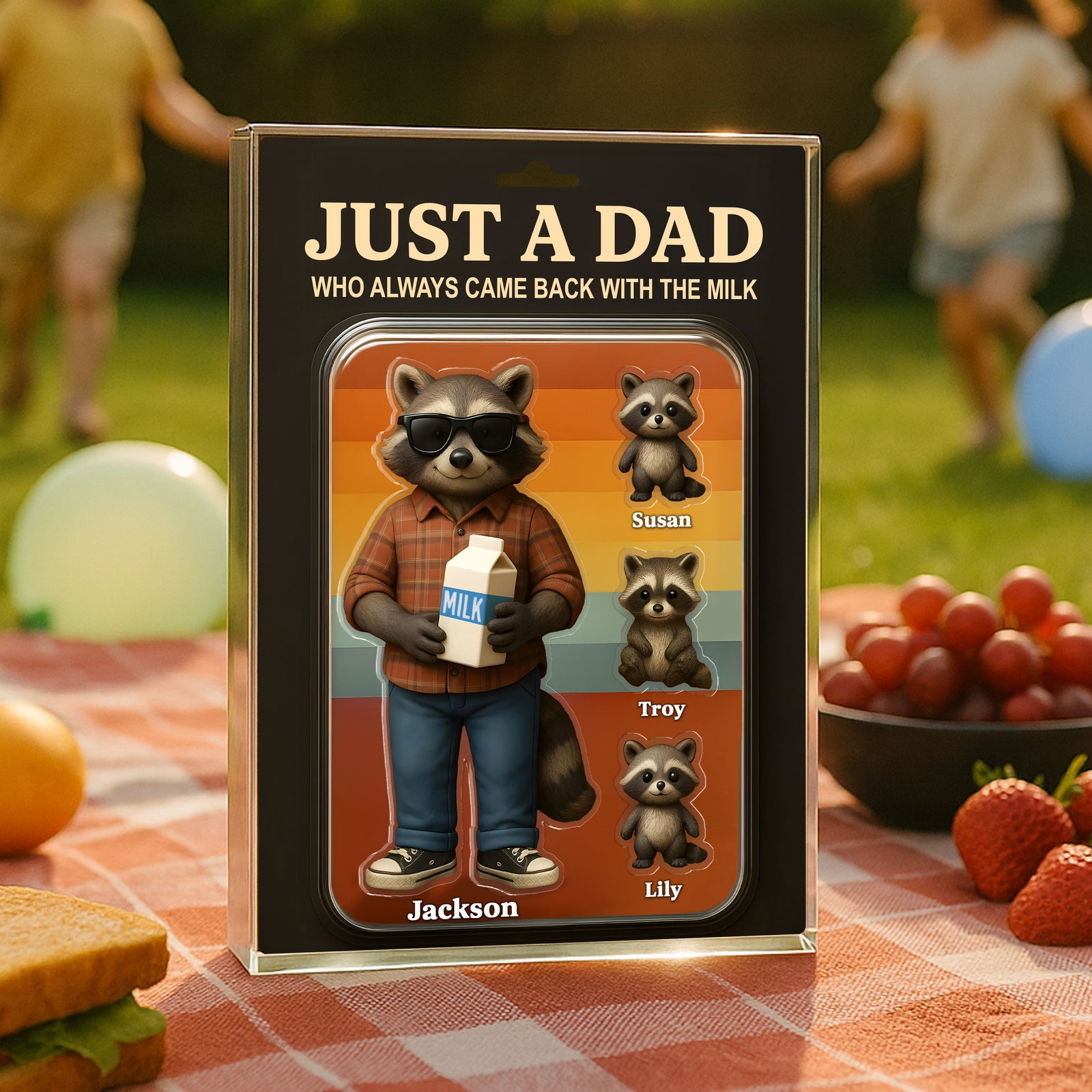 Just A Dad Always Came With Milk Funny Raccoon Dad Figure Personalized Acrylic Block