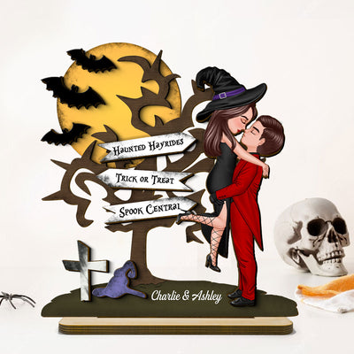 Halloween Couple Kissing Sign Personalized 2-Layer Standing Wooden Plaque