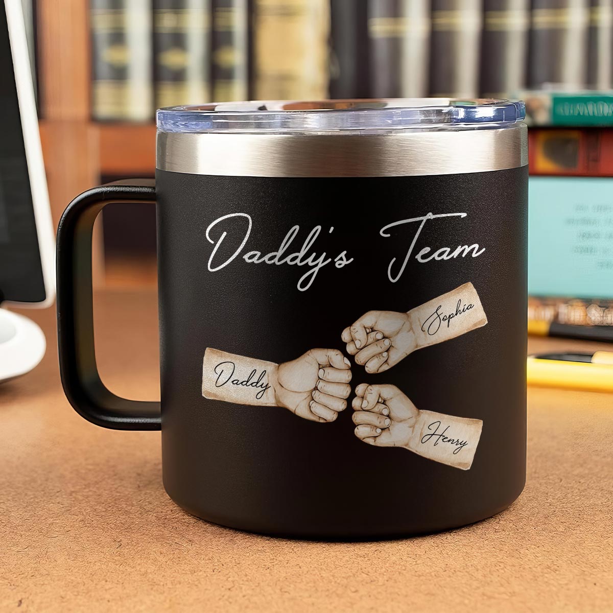 Daddy's Team Fist Bump Personalized Stainless Steel Tumbler With Handle, Unique 2025 Father's Day Gift For Dad