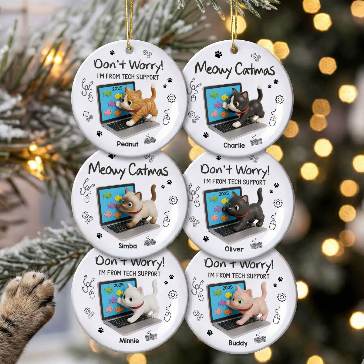 3D Effect Mischievous Kitten Tech Support - Personalized Ceramic Ornament - Gift For Cat Lovers