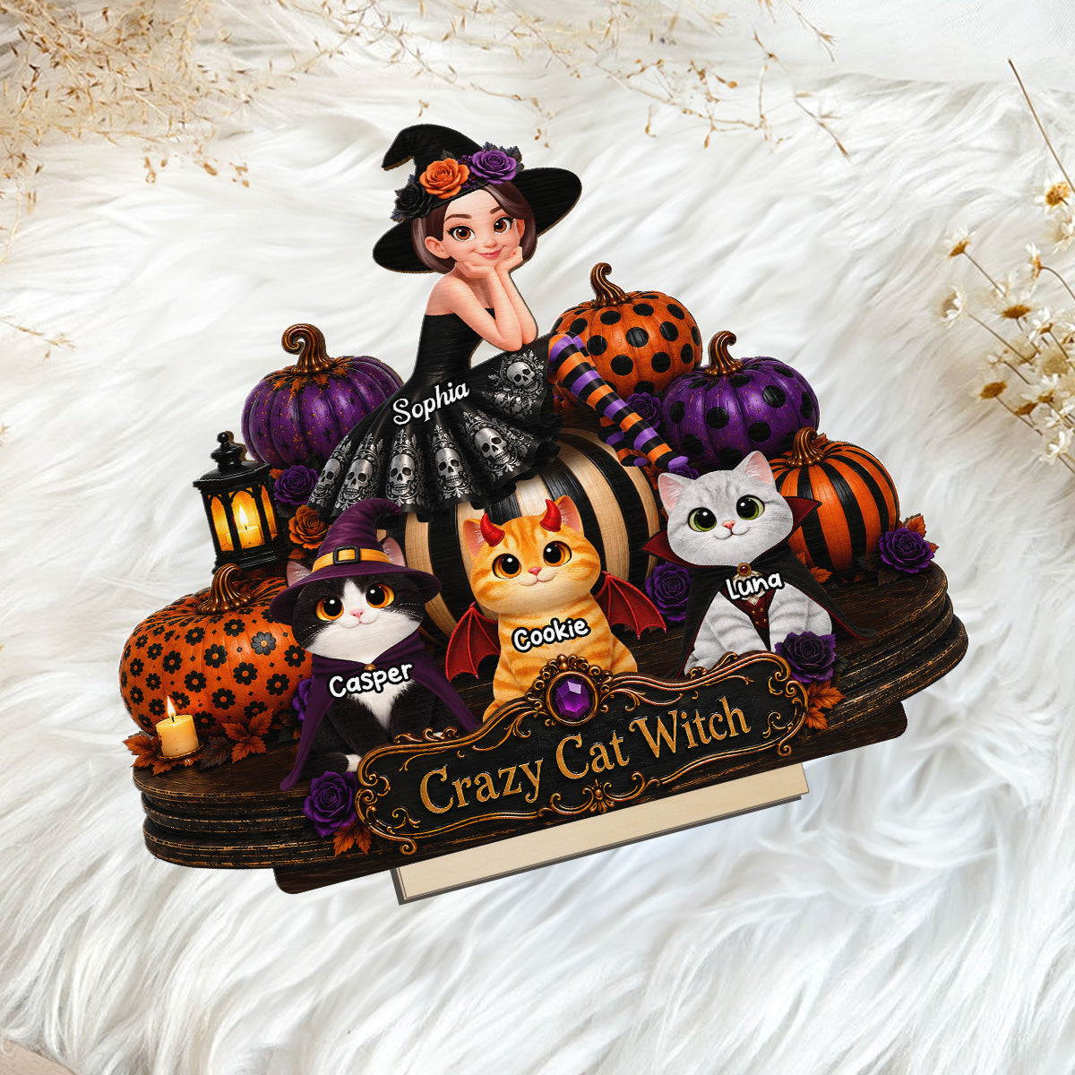Pretty Cat Witch 2D Flat - Personalized Wooden Plaque - Halloween Decoration