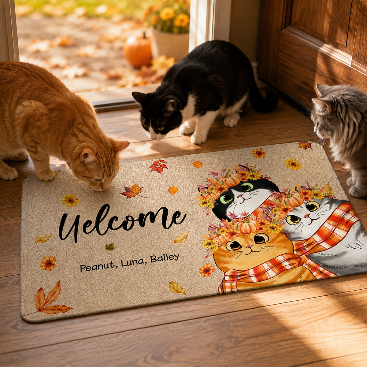 Hello Fall Cute Fluffy Cat - Personalized Doormat - Fall Season Decor For Cat Lover