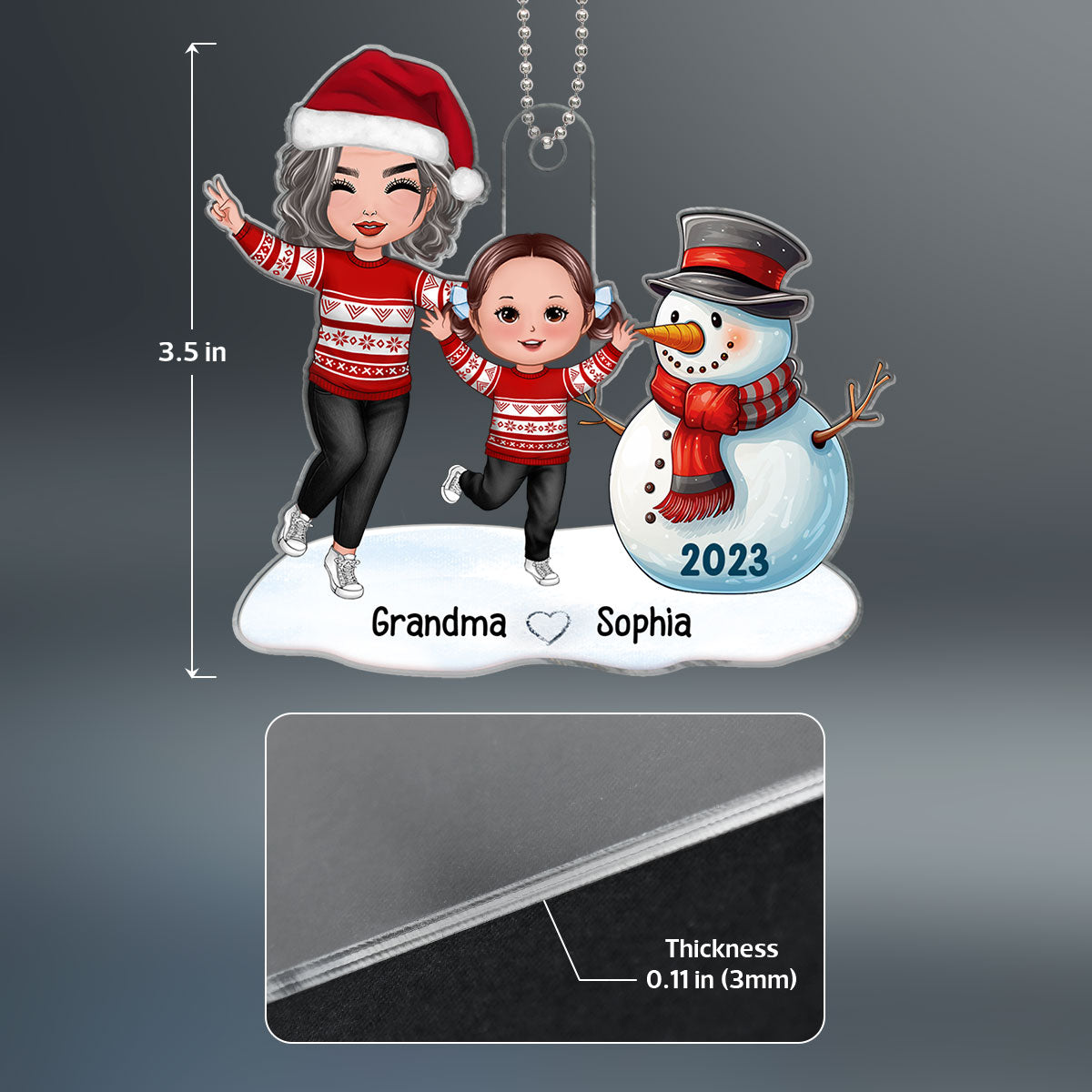 Happy Grandma Grandkid Building Snowman Gift For Grandson Granddaughter Personalized Acrylic Ornament