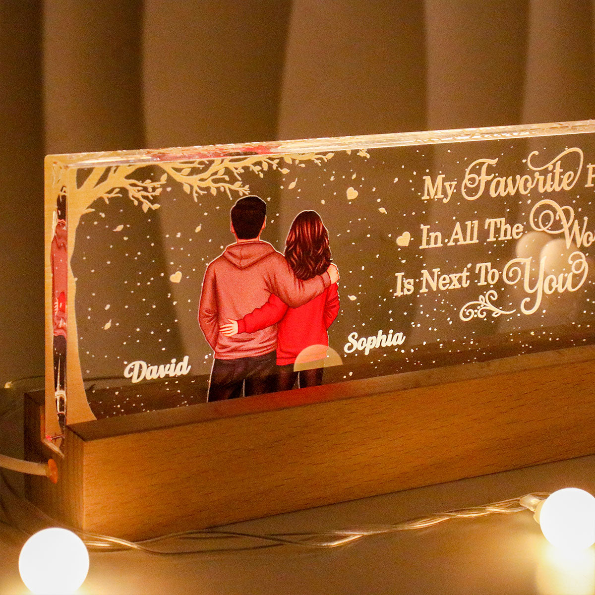 Favorite Place In The World Couple Hugging Standing Back View Personalized Acrylic LED Night Light,  Gift for Him, Gift for Her