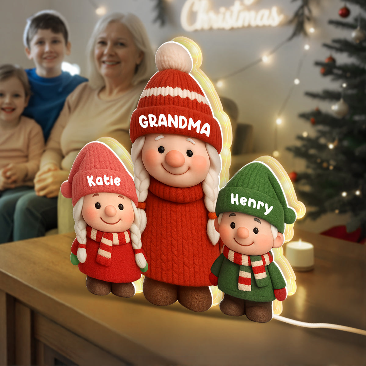 3D Effect Cute Gnome Grandma And Grandkids - Personalized Light Box - Gift For Grandmas