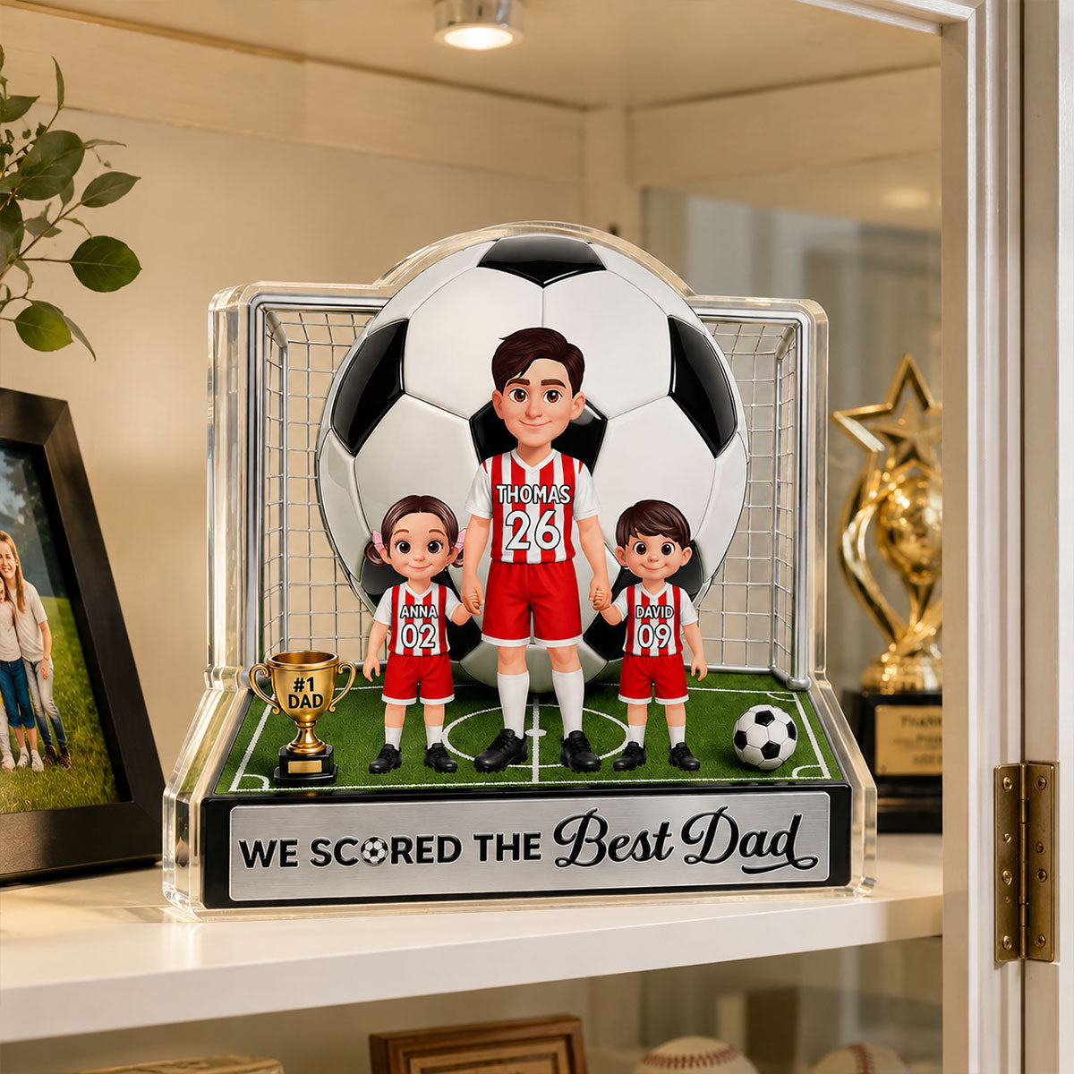 No 1 Soccer Dad And Kids We Scored The Best Dad 2D Flat Printed - Personalized Acrylic Block Plaque - Father's Day Gift For Dad, Husband, Soccer Football Fans