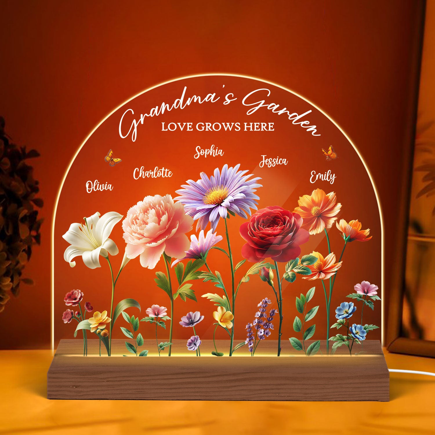 Grandma's Garden 3D Effect Birth Month Flowers Personalized Custom Shape Acrylic Warm LED Night Light