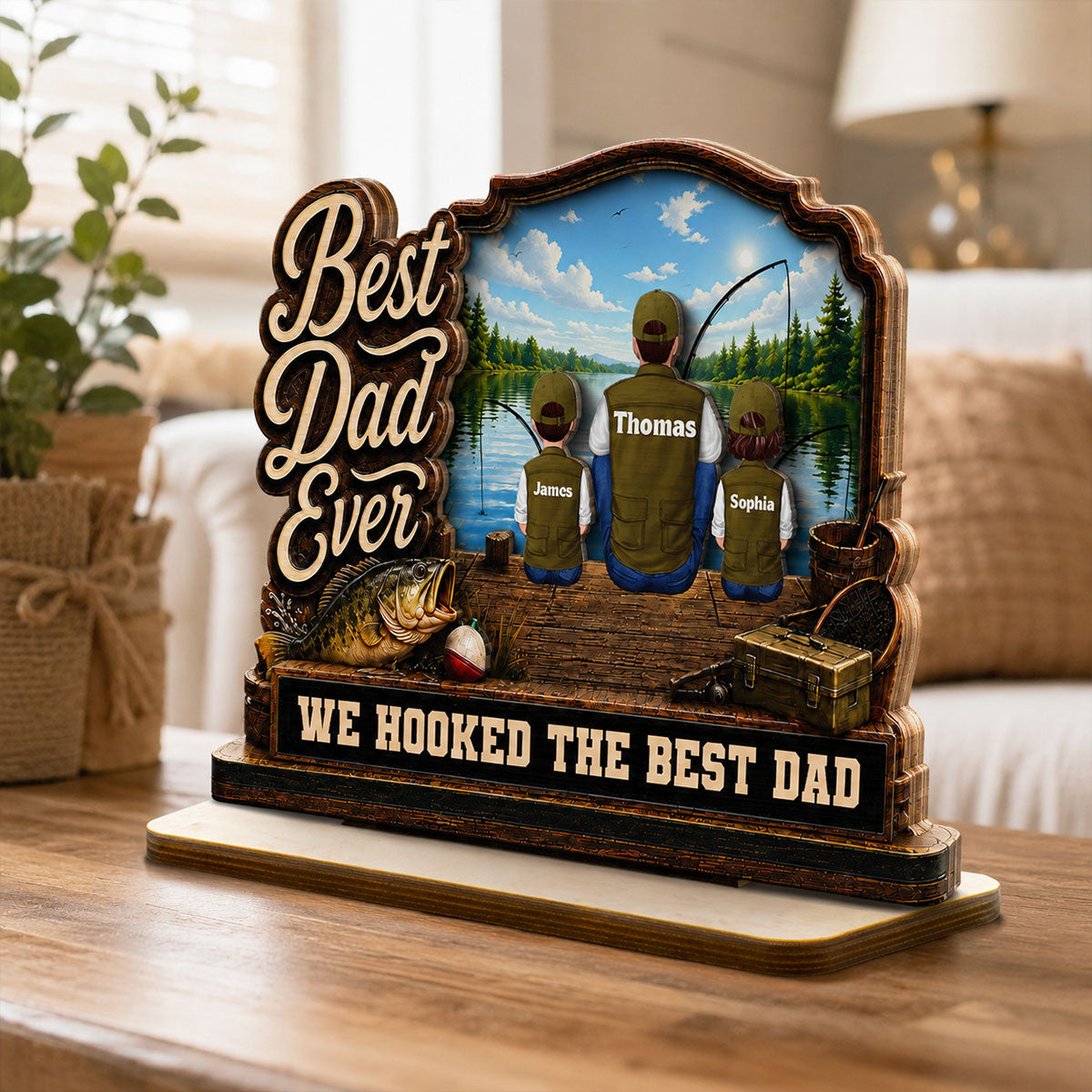 We Hooked The Best Dad Papa Fishing Man & Kids Back View 2D Flat - Personalized 2-Layered Wooden Plaque - Father's Day Gift For Hunting Dad, Grandpa