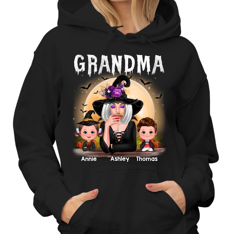 Grandma Mom Witch With GrandKids Halloween Personalized Shirt (Dark Color Shirt)
