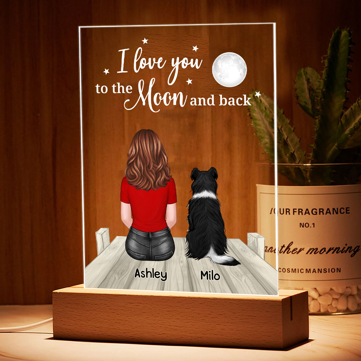 Love To The Moon And Back Woman & Pets On Bridge Personalized Rectangle Acrylic Plaque With LED Night Light - Gift For Dog Lover, Cat Lover, Pet Lover