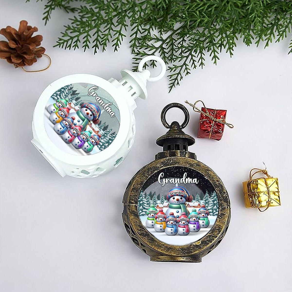 Winter Grandma & Grandkids Snowmen Christmas Personalized Lantern Ornament, Christmas Gift For Grandma, Grandkids