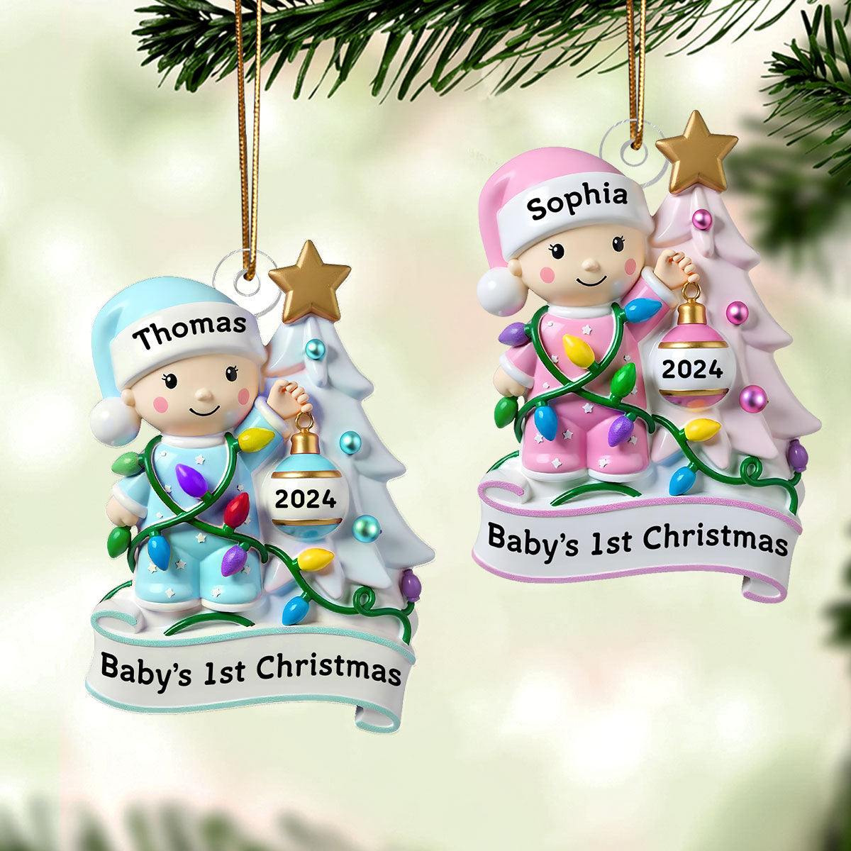 Baby Beside Christmas Tree 3D Effect Baby's First Christmas Personalized Acrylic Flat Ornament