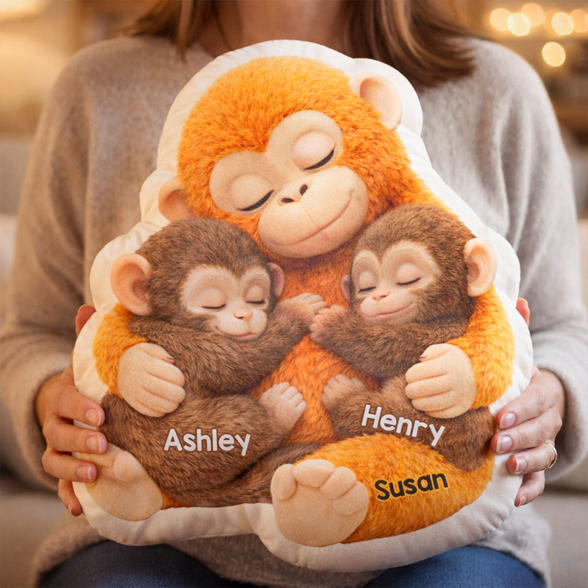 Mother Monkey & Children, Baby Monkey Punch - Personalized Faux Fur Custom Shaped Pillow - Heartfelt Mother's Day Gift for Mom, Wife
