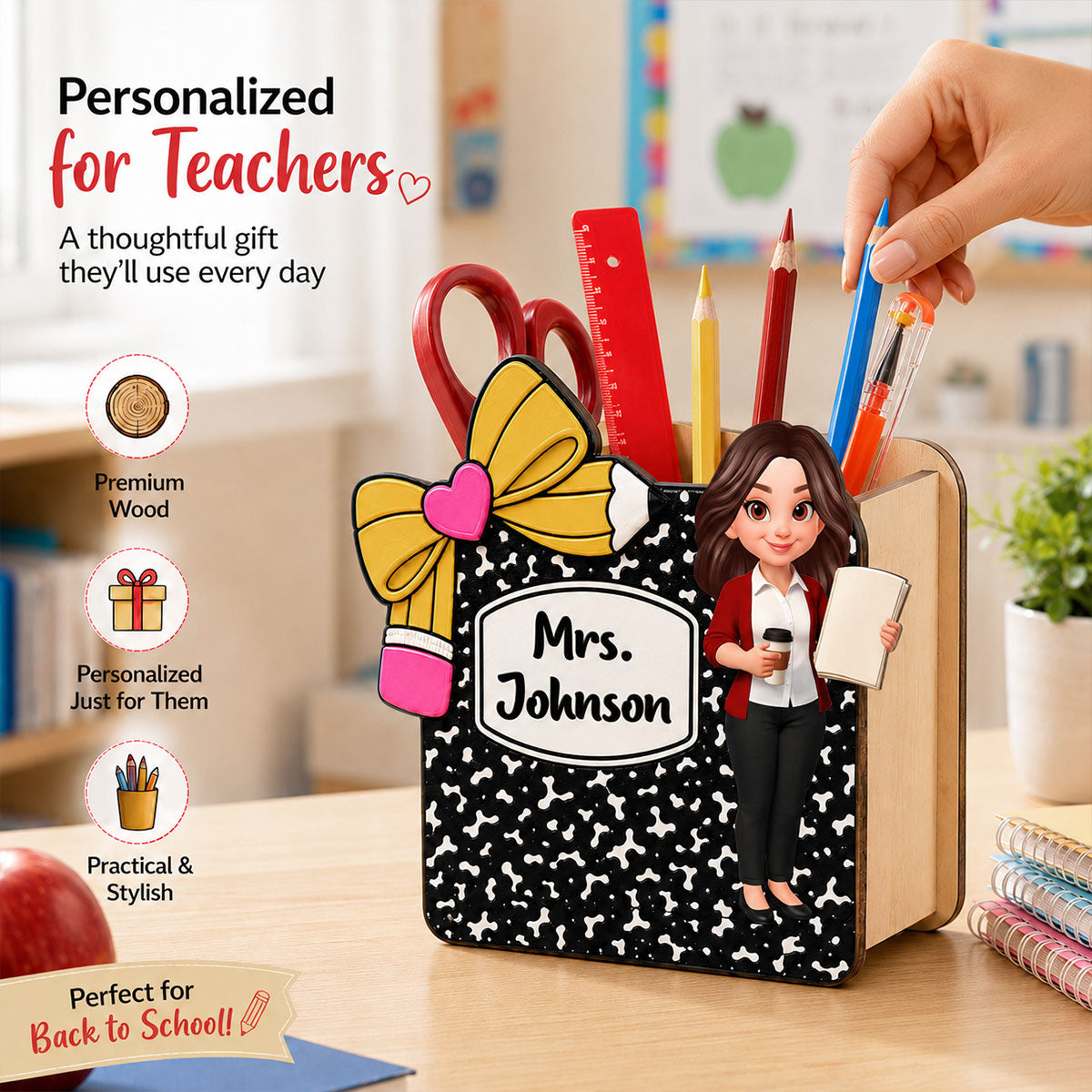 Cute Teacher Notebook Pencil - Personalized Pencil Holder - Back To School Gift For Teacher, Classroom Decor