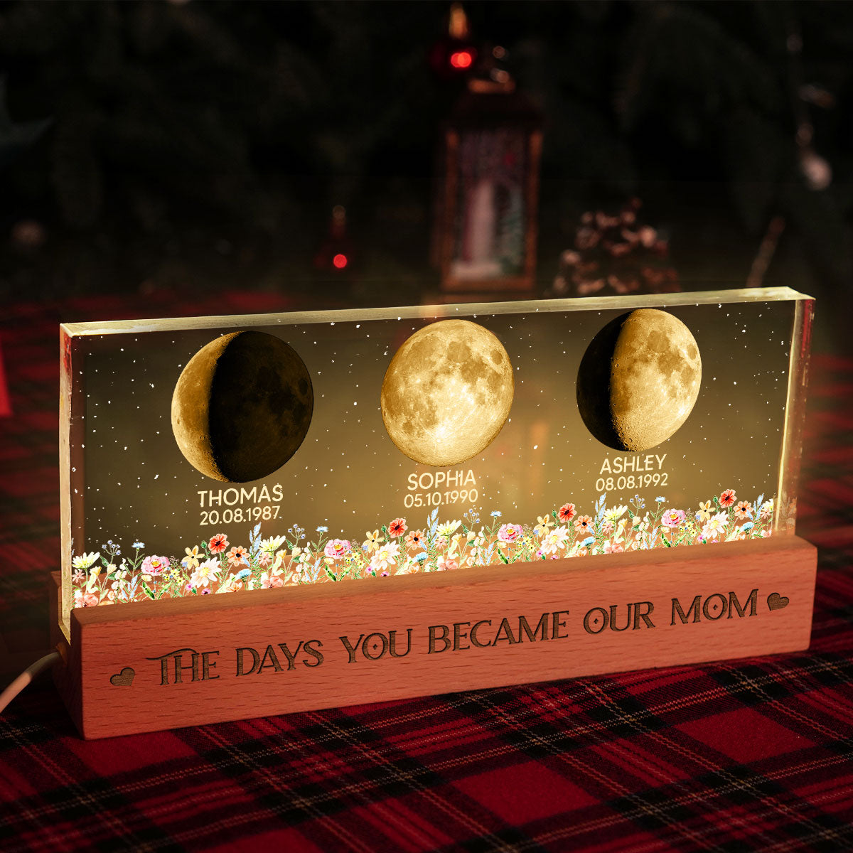 Floral Custom Birth Moon Phase The Day You Become Our Mom - Personalized Acrylic Block LED Night Light - Heartfelt Gift For Mom