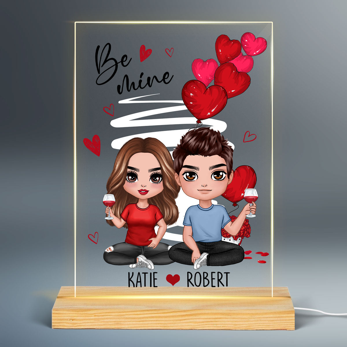 Be Mine Doll Couple Sitting Personalized Plaque LED Night Light - Gift For Him Gift For Her