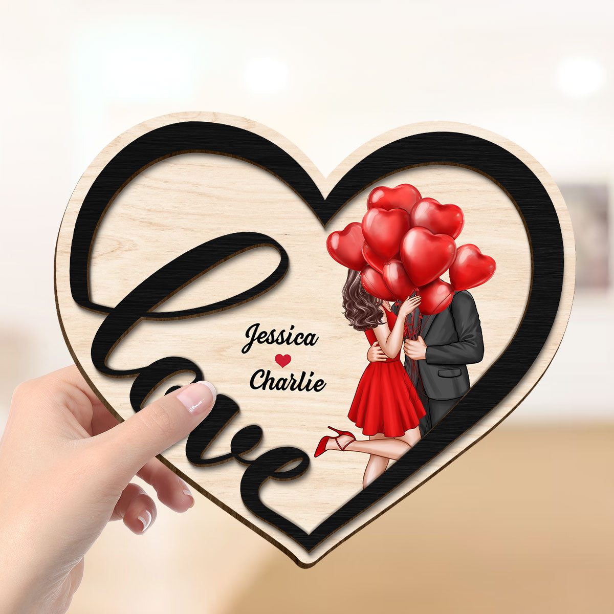 Couple Love Heart Elegant Kissing Personalized 2-layer Wooden Plaque