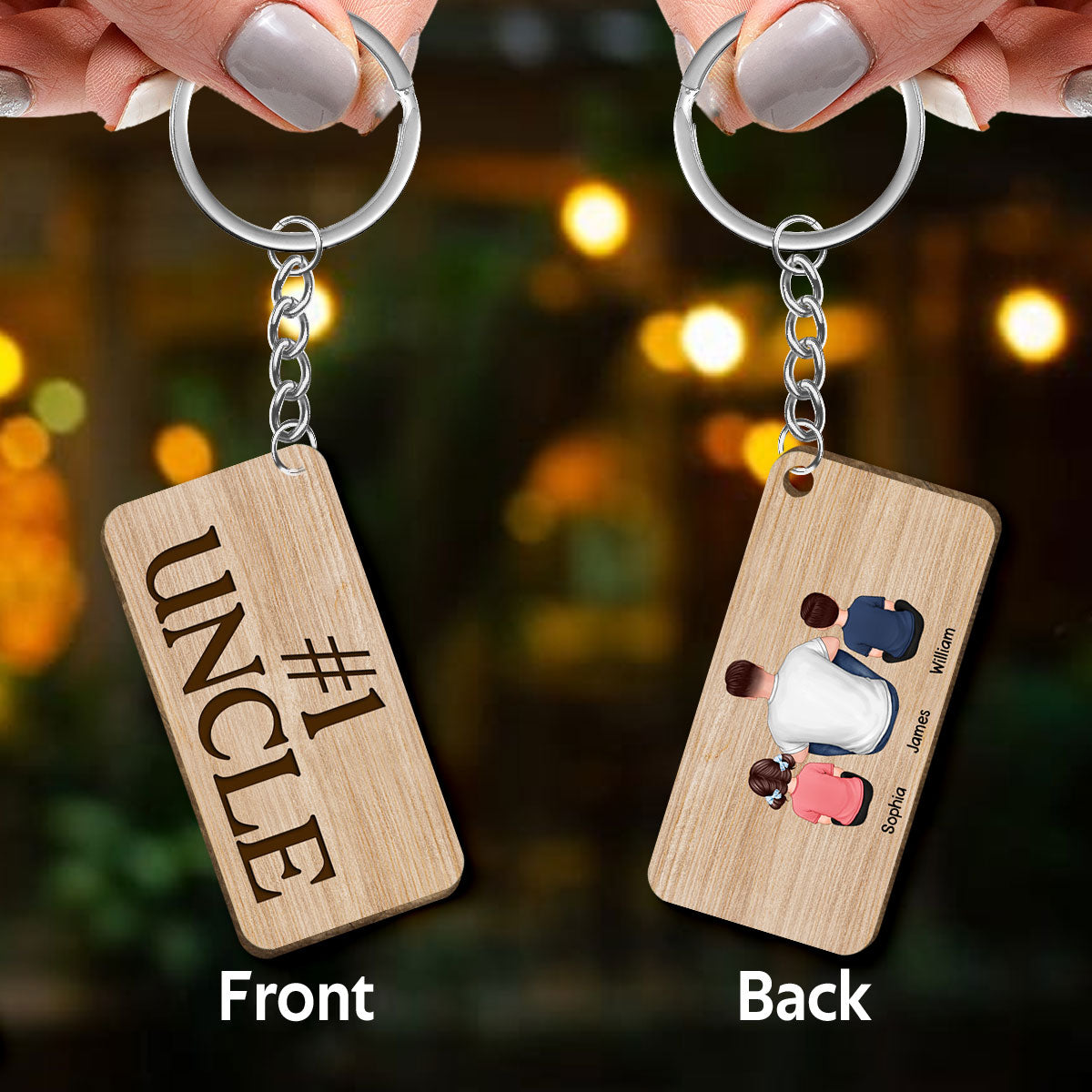 Best Uncle Ever Back View Man Kids Dog Cat Personalized Wooden Keychain