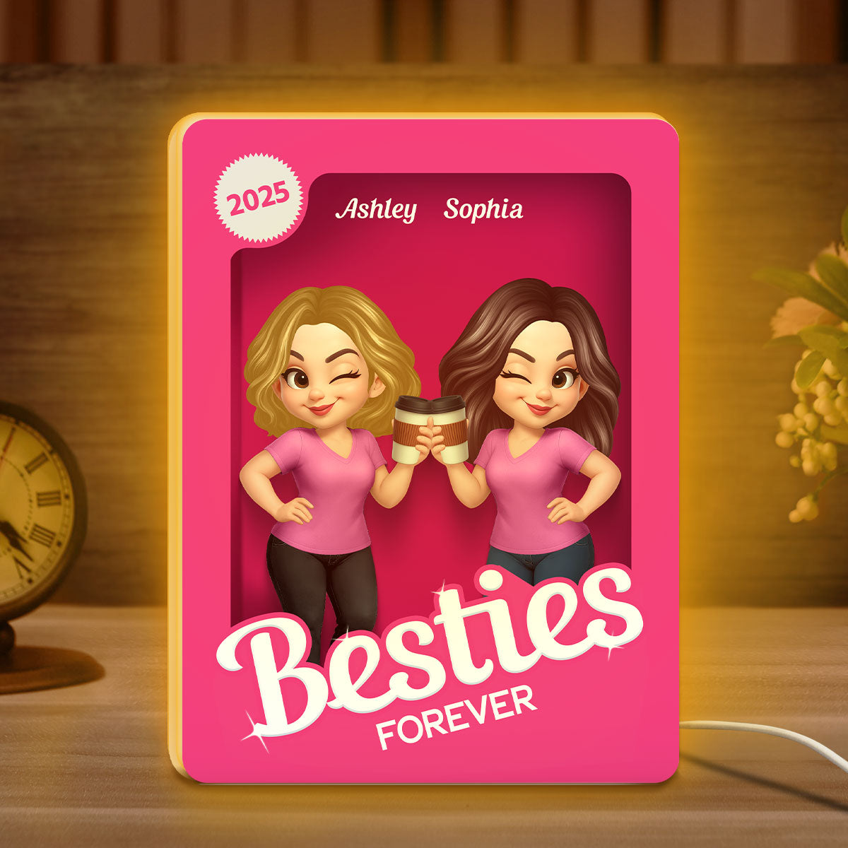 Besties Partners In Crime Pink Action Figure 3D Effect Personalized Light Box