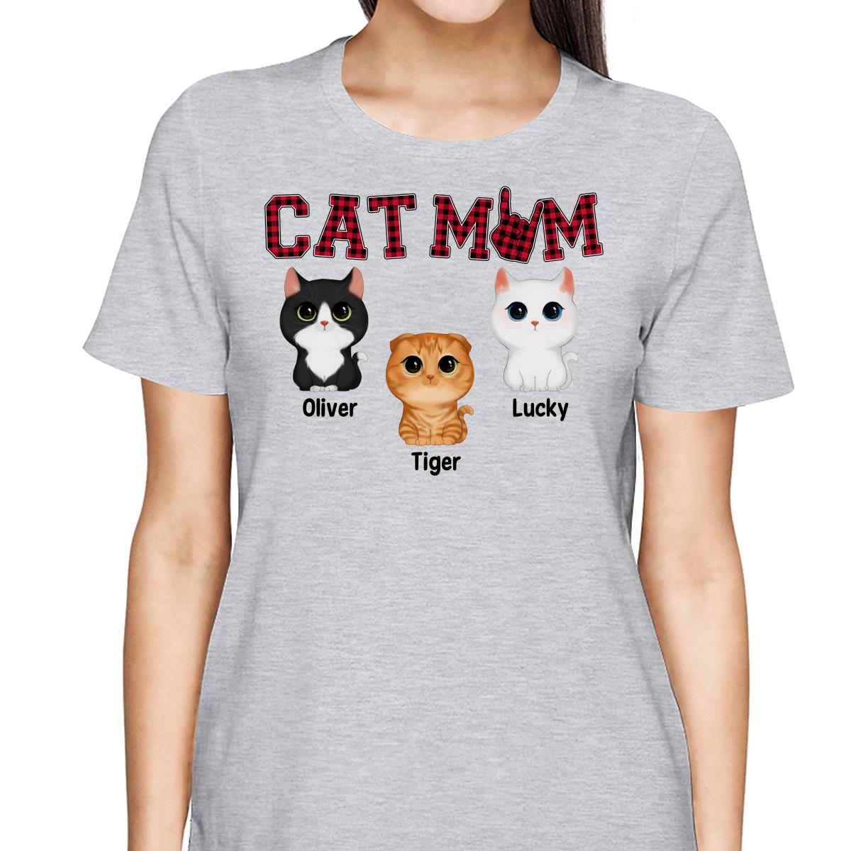 Watercolor Cute Cats Cat Mom Red Plaid Checkered Pattern Personalized Shirt