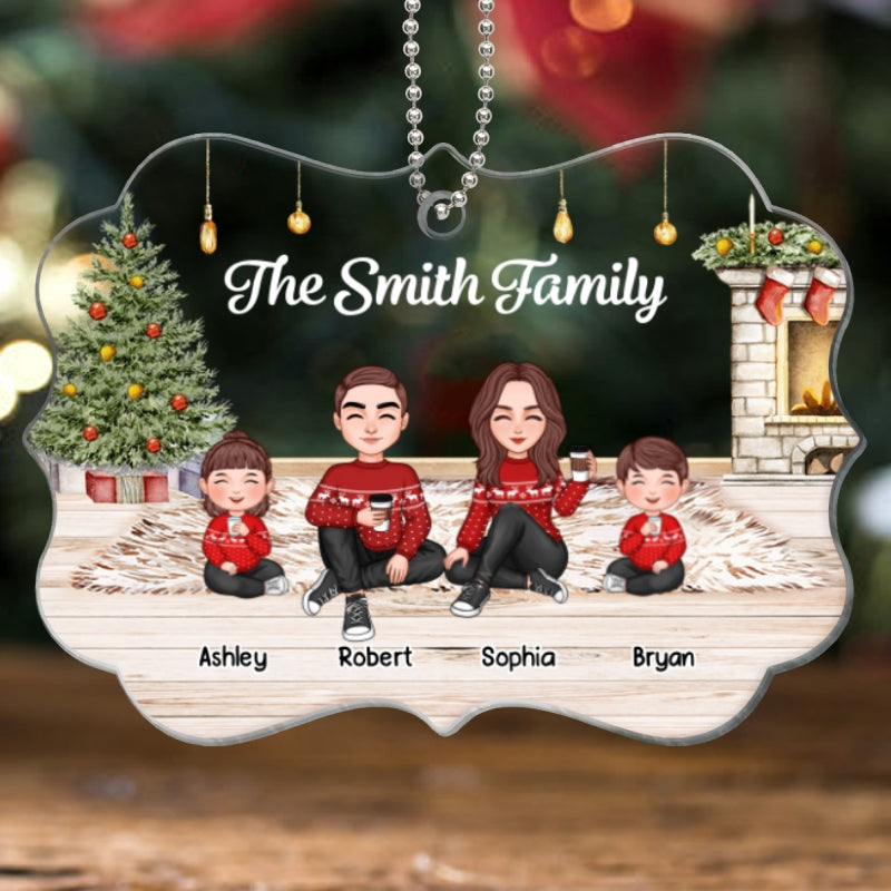 Christmas Cute Family Sitting Brick Fireplace Personalized Acrylic Ornament