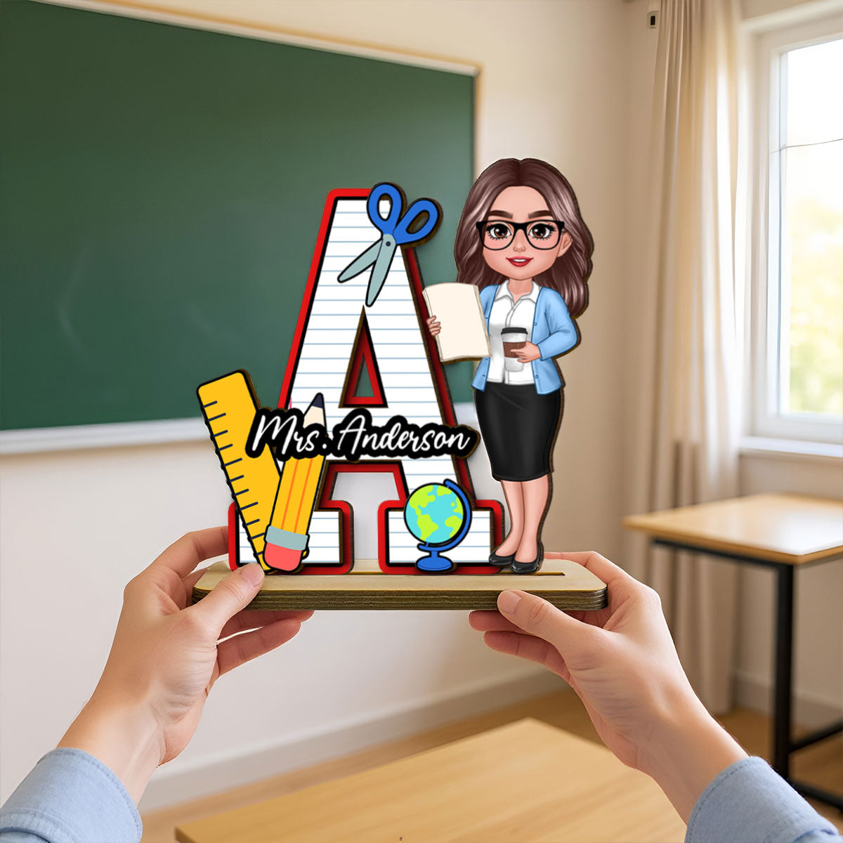 Teacher Initial Name Personalized 2-Layer Standing Wooden Plaque, Back to School gift