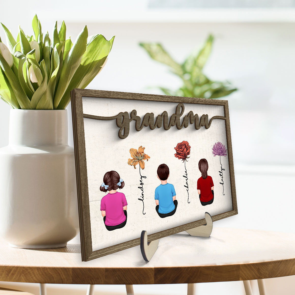 Grandkids Sitting Grandma Garden Vintage Birth Month Flowers Personalized 2-Layer Wooden Plaque