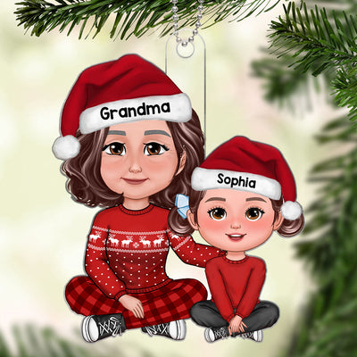 Cute Grandma Granddaughter Grandson Embracing Crossed Legs Personalized Acrylic Ornament