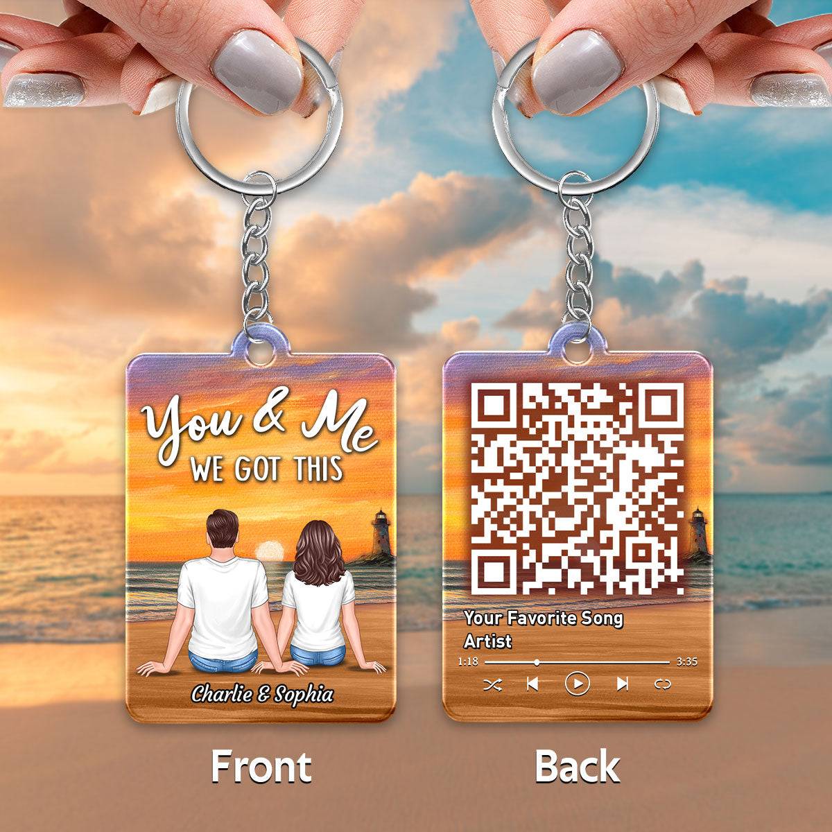 Couple Watching Sunset On Beach Favorite Song QR Code Personalized Acrylic Keychain