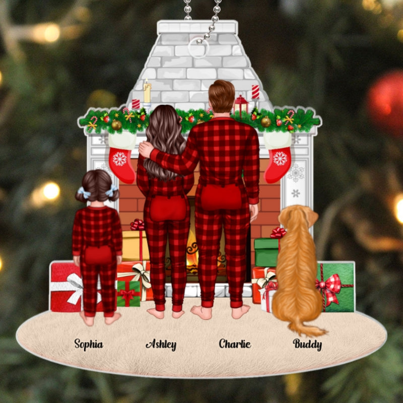 Pajamas Family Standing Fireplace Christmas Personalized Acrylic Ornament