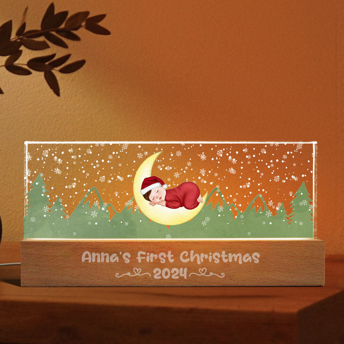 First Christmas Newborn Baby Sleeping On Moon Personalized LED Night Light