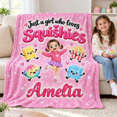 Cute Girl Loves Squishies - Personalized Fleece Blanket - Gift For Daughter, Granddaughter