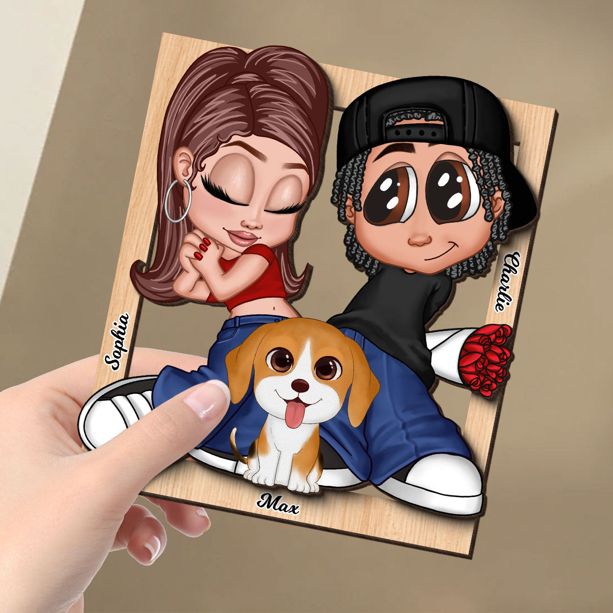 Y2K Couple Dogs Cats Frame Personalized 2-layer Wooden Plaque,  Gift for Him, Gift for Her