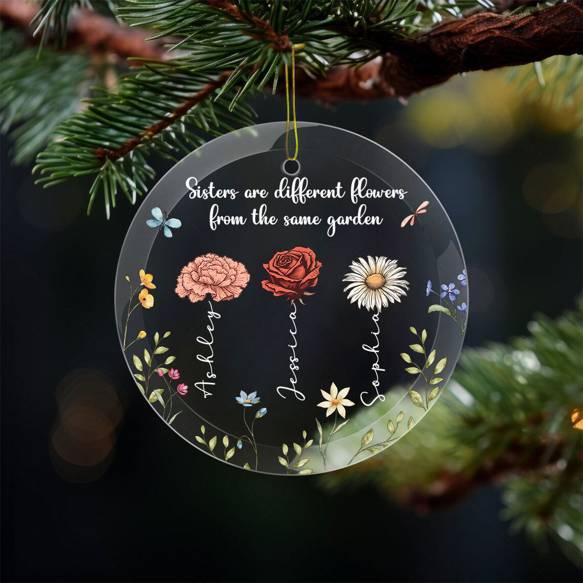 Sisters Are Different Flowers From The Same Garden Personalized Glass Ornament, Christmas Gift For Sisters, Siblings, Besties