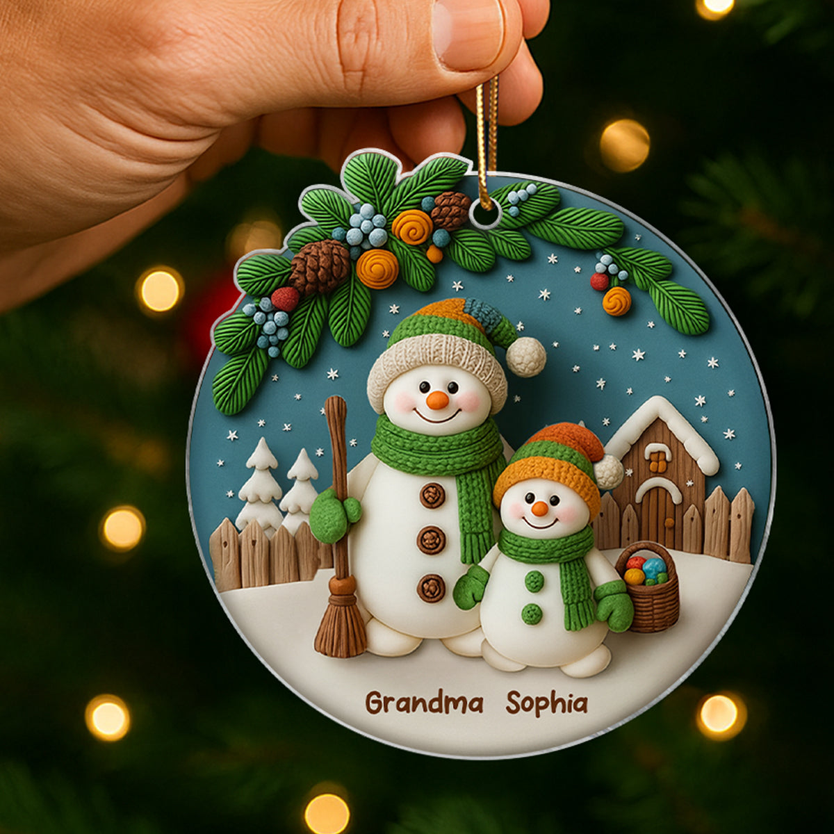 Grandma Grandkids 3D Effect Snowman Personalized Acrylic Ornament