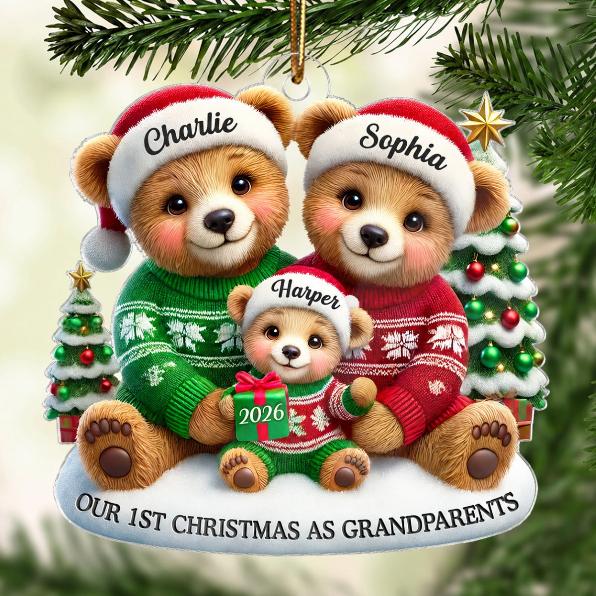 3D Effect Bears Our First Christmas As Grandparents Personalized Acrylic Ornament, Christmas Gift For New Grandparents