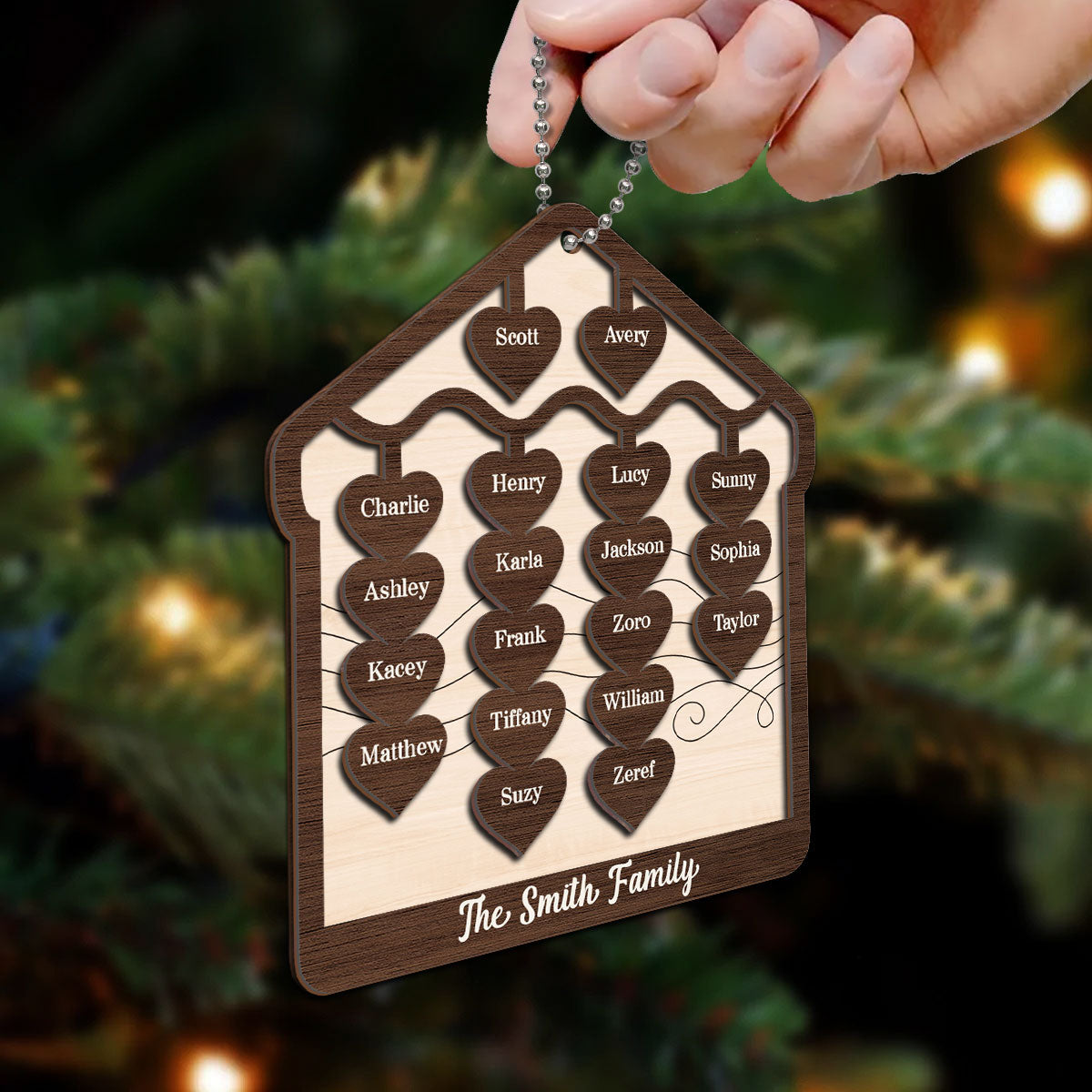 Hearts Hanging Family Christmas Personalized 2-Layer Wooden Ornament