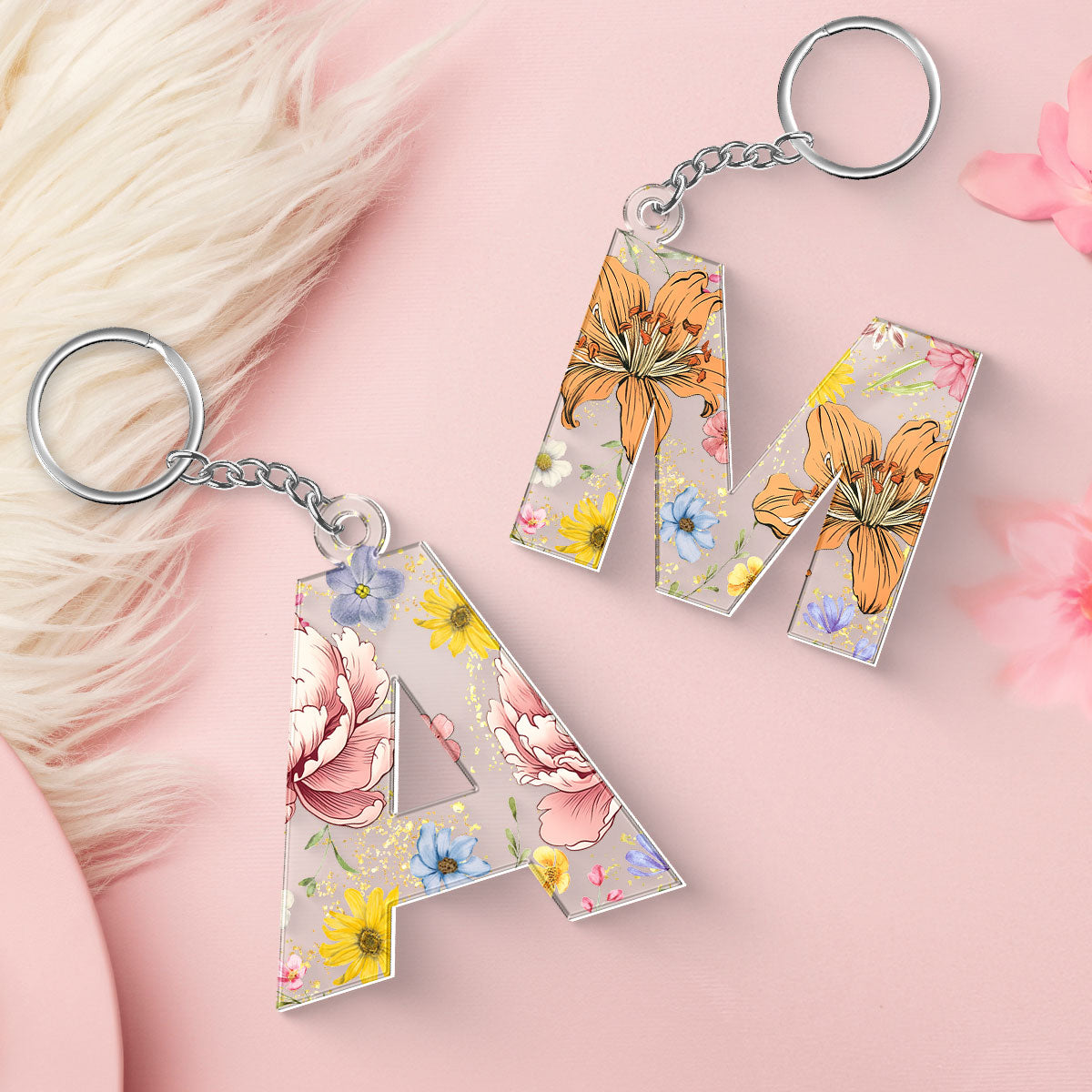Birth Month Flower Initial Letter Personalized Acrylic Keychain, Gift For Her