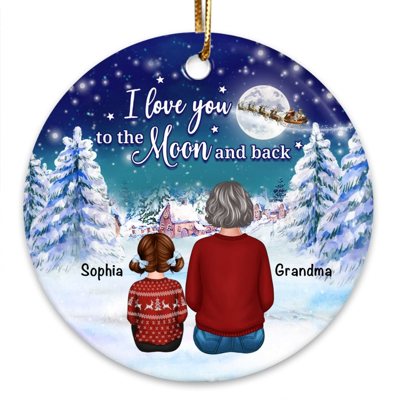 Grandma & Grandkid Sitting Under Moon Light In Christmas Night Personalized Circle Ornament