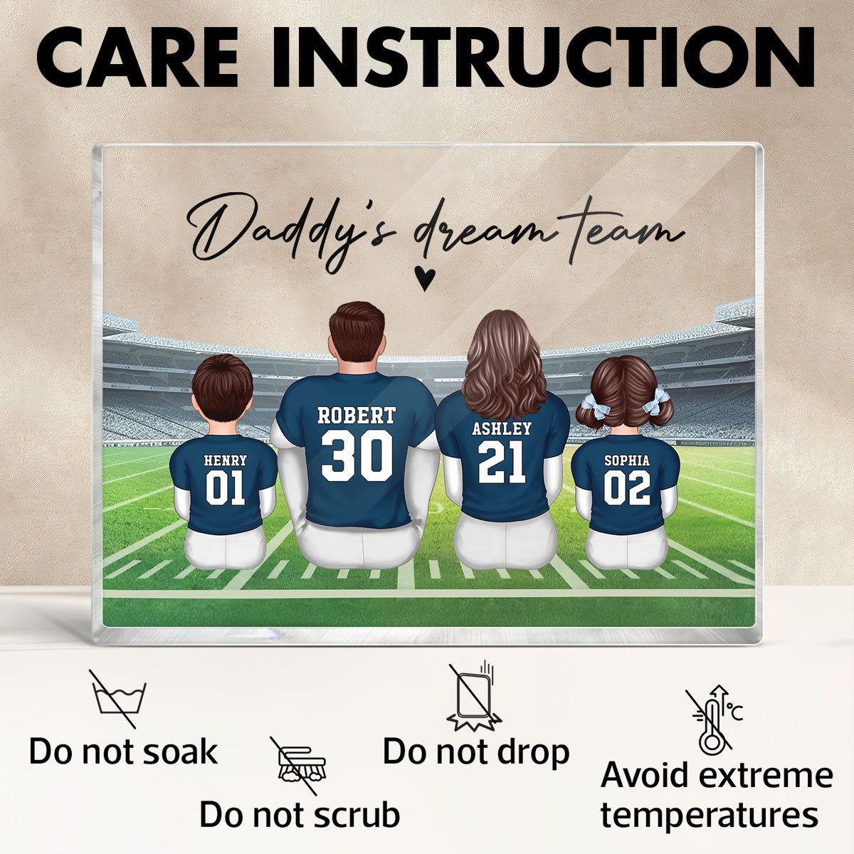 Daddy's Team Football Family Sitting Back View Personalized Acrylic Block, Father's Day Gift