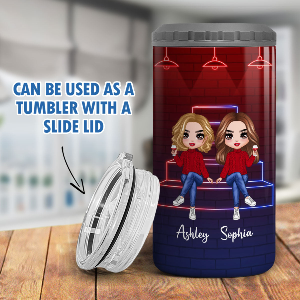 Besties Sister Stair Neon Personalized 4 In 1 Can Cooler