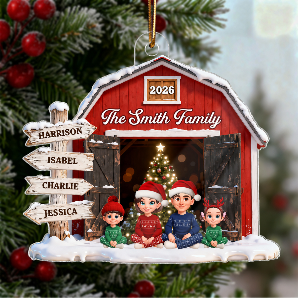 3D Effect Christmas Nostalgia Barn House Family Sign Posts Family Together - Personalized Acrylic Ornament - Gift For Family, Farmhouse Decor