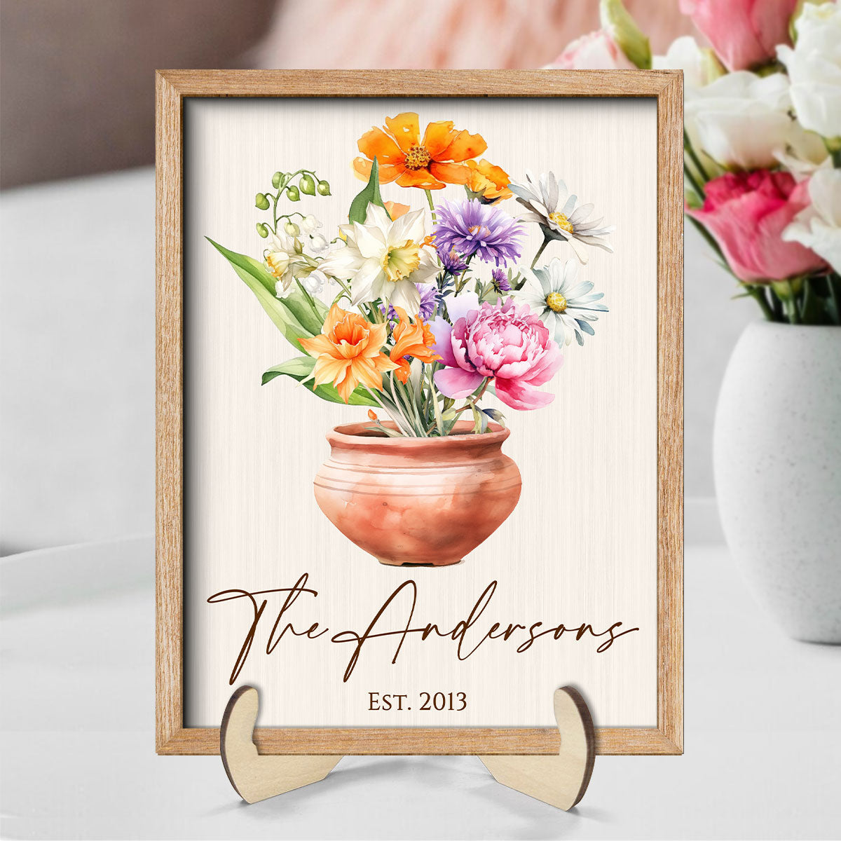 Family Beautiful Birth Flower Bouquet Home Decor Personalized 2-Layer Wooden Plaque