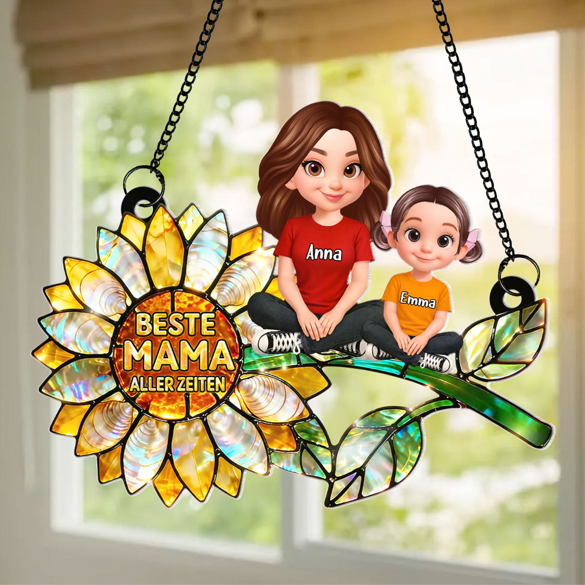 Sonnenblumen-Mama mit Kindern – Personalisierter Suncatcher fürs Fenster – Liebevolles Muttertagsgeschenk für Mama oder Ehefrau