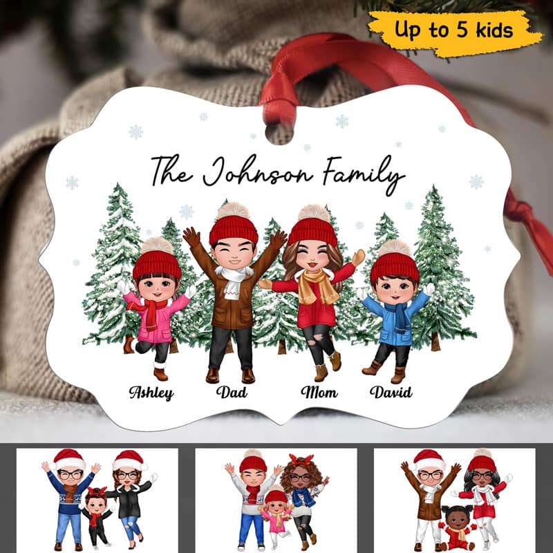 Christmas Tree Background Happy Doll Family Personalized Christmas Ornament