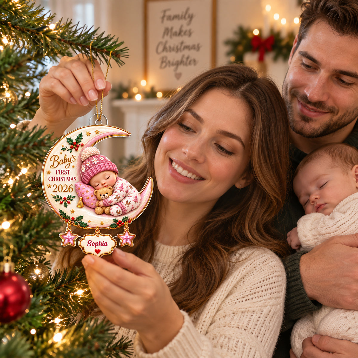 Baby's First Christmas Custom Name Moon & Star - Personalized Acrylic Ornament - Newborn Christmas Gift for New Parents