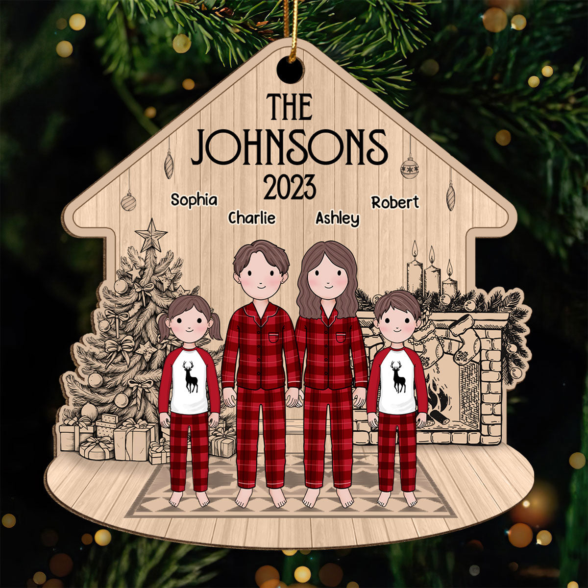 Simple Cartoon Whole Family At Fireplace Sketch Background Personalized Wooden Ornament