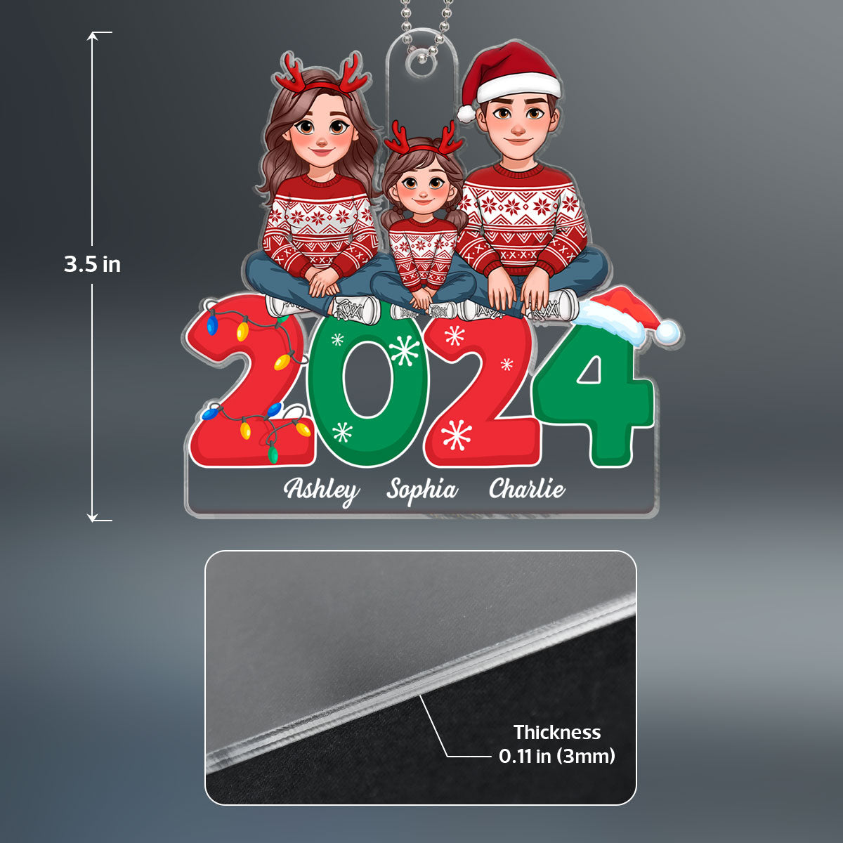 Animated Family Sitting On 2024 Christmas Personalized Acrylic Ornament