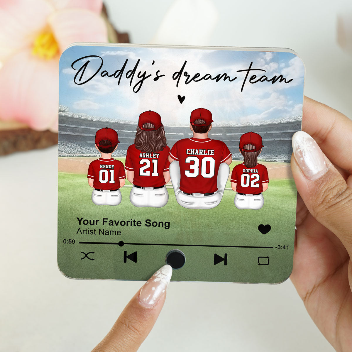 Daddy's Team Baseball Family Sitting Personalized Personalized Music Fridge Magnet, Heartfelt Gift For Dad